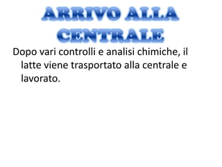 Dopo vari controlli e analisi chimiche, il
 latte viene trasportato alla centrale e
 lavorato.
 