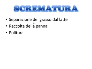 • Separazione del grasso dal latte
• Raccolta della panna
• Pulitura
 