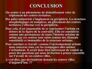 CONCLUSIONCONCLUSION
On assiste à un phénomène de dédoublement voire deOn assiste à un phénomène de dédoublement voire de
triplement des centres tertiaires.triplement des centres tertiaires.
Des pôles industriels s’implantent en périphérie. La structureDes pôles industriels s’implantent en périphérie. La structure
morphologique est complexe, un glissement des centresmorphologique est complexe, un glissement des centres
tertiaires s’effectue vers la périphérie.tertiaires s’effectue vers la périphérie.
Pour cela, il est impensable de se représenter l’urbain enPour cela, il est impensable de se représenter l’urbain en
dehors de la figure de la centralité. Elle est considéréedehors de la figure de la centralité. Elle est considérée
comme une permanence de toute l’histoire urbaine decomme une permanence de toute l’histoire urbaine de
même que ces centres sont saisis comme des élémentsmême que ces centres sont saisis comme des éléments
constitutifs et immuables de la structure urbaine.constitutifs et immuables de la structure urbaine.
Pour conclure ce travail ; comme l’environnement urbainPour conclure ce travail ; comme l’environnement urbain
nous concerne tous, car les compagnes elles mêmesnous concerne tous, car les compagnes elles mêmes
s’urbanisent. Il serait donc bien intéressent de vouloir ses’urbanisent. Il serait donc bien intéressent de vouloir se
poser des questions qui nous inviterons à penser ensembleposer des questions qui nous inviterons à penser ensemble
sur l’avenir de ces centres villes.sur l’avenir de ces centres villes.
A vrai dire, que deviendront demain les centres villesA vrai dire, que deviendront demain les centres villes
d’aujourd’hui. ??d’aujourd’hui. ??
 