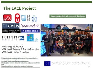 The LACE Project
18
WP5: LA @ Workplace
WP6: LA @ Primary & FurtherEducation
WP7: LA @ Higher Education
 