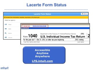 Lacerte Form Status

Accessible
Anytime
Anywhere
LFS.intuit.com

 