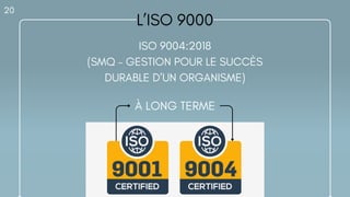À LONG TERME
L’ISO 9000
20
ISO 9004:2018
(SMQ – GESTION POUR LE SUCCÈS
DURABLE D’UN ORGANISME)
 