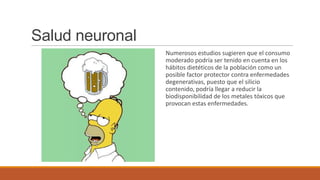Salud neuronal
                 Numerosos estudios sugieren que el consumo
                 moderado podría ser tenido en cuenta en los
                 hábitos dietéticos de la población como un
                 posible factor protector contra enfermedades
                 degenerativas, puesto que el silicio
                 contenido, podría llegar a reducir la
                 biodisponibilidad de los metales tóxicos que
                 provocan estas enfermedades.
 