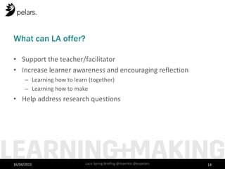 What can LA offer?
• Support the teacher/facilitator
• Increase learner awareness and encouraging reflection
– Learning how to learn (together)
– Learning how to make
• Help address research questions
16/04/2015 Lace Spring Briefing @mavrikis @eupelars 14
 