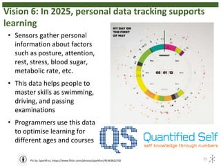 Vision 6: In 2025, personal data tracking supports
learning
25Pic by: SparkFun, https://www.flickr.com/photos/sparkfun/4536382170/
• Sensors gather personal
information about factors
such as posture, attention,
rest, stress, blood sugar,
metabolic rate, etc.
• This data helps people to
master skills as swimming,
driving, and passing
examinations
• Programmers use this data
to optimise learning for
different ages and courses
 