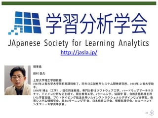 28
http://jasla.jp/
理事長
田村 恭久
上智大学理工学部教授
1987年上智大学大学院前期課程修了。同年日立製作所システム開発研究所。1993年 上智大学助
手。
1996年 博士（工学）。現在同准教授。専門分野はソフトウェア工学、ハードウェアアーキテク
チャ、ドメイン分析などを経て、現在教育工学。eラーニング、協調学 習、自然言語処理を用
いた学習支援、プロトタイピング技法を用いたインストラクショナルデザインなどを研究。教
育システム情報学会、日本eラーニング学 会、日本教育工学会、情報処理学会、ヒューマンイ
ンタフェース学会等会員。
 