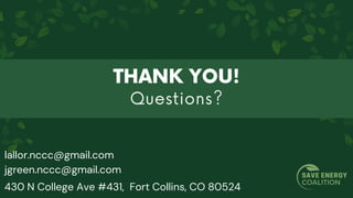 430 N College Ave #431, Fort Collins, CO 80524
lallor.nccc@gmail.com
jgreen.nccc@gmail.com
 