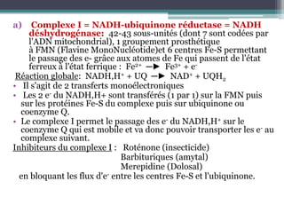  Complexe I = NADH-ubiquinone réductase = NADH déshydrogénase:  42-43 sous-unités (dont 7 sont codées par l'ADN mitochondrial), 1 groupement prosthétique à FMN (Flavine MonoNucléotide)et 6 centres Fe-S permettant le passage des e- grâce aux atomes de Fe qui passent de l'état ferreux à l'état ferrique :  Fe2+  ─►  Fe3+ + e- Réaction globale:  NADH,H+ + UQ  ─►  NAD+ + UQH2 Il s'agit de 2 transferts monoélectroniques Les 2 e- du NADH,H+ sont transférés (1 par 1) sur la FMN puis sur les protéines Fe-S du complexe puis sur ubiquinone ou coenzyme Q.Le complexe I permet le passage des e- du NADH,H+sur le coenzyme Q qui est mobile et va donc pouvoir transporter les e- au complexe suivant.Inhibiteurs du complexe I :   Roténone (insecticide)                                                    Barbituriques (amytal)                                                    Merepidine (Dolosal)   en bloquant les flux d'e- entre les centres Fe-S et l'ubiquinone.
