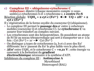 Complexe III = ubiquinone-cytochrome C réductase: dimère (chaque monomère compte 11 sous-unités),2 cytochromes b et 1 cytochrome c, 1 centre Fe-SRéaction globale:  UQH2 + 2 cyt c (Fe3+)  ◄─►  UQ + 2H+ + 2 cyt c (Fe2+)Il y régénération de la forme oxydée du coenzyme Q (ubiquinone).Le complexe III permet le passage des e- entre 2 cofacteurs mobiles (coenzyme Q et cytochrome C). Le cytochrome C va assurer leur transfert au complex suivant.Les cytochromes sont des hémoprotéines. Ils possèdent un atome de Fe lié au noyau tétrapyrrolique qui sert à transporter un e- à la fois : Cyt (Fe3+) + 1e- ─►  Cyt (Fe2+)On distingue 3 types de cytochromes (a, b et c) avec des E0' différents: les e- passent du E0' le plus faible vers le plus élevé.ΔE0' entre UQH2 et le cytochrome C = +0,21 V ; cette énergie va concourir à la formation du gradient électrochimique nécessaire à la synthèse d'ATP.Inhibiteurs du complexe III :   Antimycine A                                                       Myxothiazol                                                       Dimercaprol (BAL)