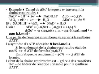 Exemple:♦  Calcul de ΔE0' lorsque 2 e- traversent la chaîne respiratoire :   NAD+ + 2H+ + 2e-  ─►  NADH,H+     ∆E0' =-0,32V  ½O2 + 2H+ + 2e-  ─►  H2O                 ∆E0' = +0,82 V Et :  NADH,H+ + ½O2  ─►  NAD+ + H2OD'où :              ΔE0' = (+0,82) – (-0,32) = +1,14 V                        ΔG0' = -2 x 23,06 x 1,14 = 52,6 kcal.mol-1 = 220 kJ.mol-1Une partie de l'énergie ainsi libérée va servir à la synthèse d'ATP :La synthèse d'1 ATP nécessite 8 kcal.mol-1            Si le rendement de la chaîne respiratoire était de 100%  =>  6 ATP de formés (52,6/8)            En pratique, le rendement = 40%  =>  3 ATP de formés.Le but de la chaîne respiratoire est – grâce à des transferts d'e- – de libérer de l'énergie utilisable pour la synthèse d'ATP.