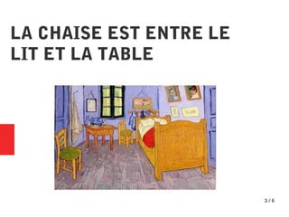 3 / 6
LA CHAISE EST ENTRE LE
LIT ET LA TABLE
 