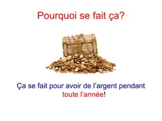 Pourquoi se fait ça?
Ça se fait pour avoir de l’argent pendant
toute l’année!
 