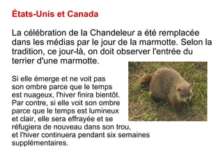 États-Unis et Canada
La célébration de la Chandeleur a été remplacée
dans les médias par le jour de la marmotte. Selon la
tradition, ce jour-là, on doit observer l'entrée du
terrier d'une marmotte.
Si elle émerge et ne voit pas
son ombre parce que le temps
est nuageux, l'hiver finira bientôt.
Par contre, si elle voit son ombre
parce que le temps est lumineux
et clair, elle sera effrayée et se
réfugiera de nouveau dans son trou,
et l'hiver continuera pendant six semaines
supplémentaires.
 