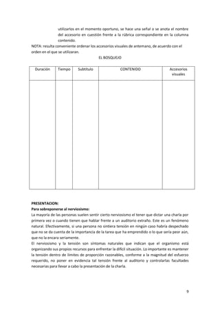 9
utilizarlos en el momento oportuno, se hace una señal o se anota el nombre
del accesorio en cuestión frente a la rúbrica correspondiente en la columna
contenido.
NOTA: resulta conveniente ordenar los accesorios visuales de antemano, de acuerdo con el
orden en el que se utilizaran.
EL BOSQUEJO
Duración Tiempo Subtítulo CONTENIDO Accesorios
visuales
PRESENTACION:
Para sobreponerse al nerviosismo:
La mayoría de las personas suelen sentir cierto nerviosismo el tener que dictar una charla por
primera vez o cuando tienen que hablar frente a un auditorio extraño. Este es un fenómeno
natural. Efectivamente, si una persona no sintiera tensión en ningún caso habría despechado
que no se da cuenta de la importancia de la tarea que ha emprendido o lo que sería peor aún,
que no la encara seriamente.
El nerviosismo y la tensión son síntomas naturales que indican que el organismo está
organizando sus propios recursos para enfrentar la difícil situación. Lo importante es mantener
la tensión dentro de límites de proporción razonables, conforme a la magnitud del esfuerzo
requerido, no poner en evidencia tal tensión frente al auditorio y controlarlas facultades
necesarias para llevar a cabo la presentación de la charla.
 