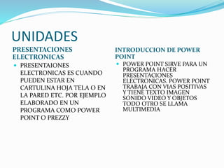 UNIDADES
PRESENTACIONES
ELECTRONICAS
INTRODUCCION DE POWER
POINT
 PRESENTAIONES
ELECTRONICAS ES CUANDO
PUEDEN ESTAR EN
CARTULINA HOJA TELA O EN
LA PARED ETC. POR EJEMPLO
ELABORADO EN UN
PROGRAMA COMO POWER
POINT O PREZZY
 POWER POINT SIRVE PARA UN
PROGRAMA HACER
PRESENTACIONES
ELECTRONICAS. POWER POINT
TRABAJA CON VIAS POSITIVAS
Y TIENE TEXTO IMAGEN
SONIDO VIDEO Y OBJETOS
TODO OTRO SE LLAMA
MULTIMEDIA
 