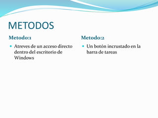 METODOS
Metodo:1 Metodo:2
 Atreves de un acceso directo
dentro del escritorio de
Windows
 Un botón incrustado en la
barra de tareas
 