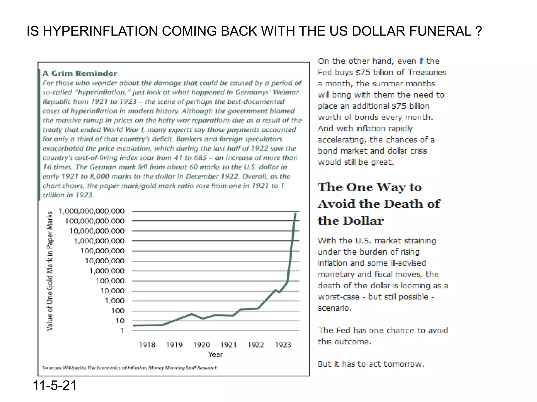 IS HYPERINFLATION COMING BACK WITH THE US DOLLAR FUNERAL ?




11-5-21
 