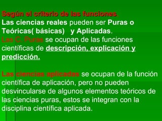 Según el criterio de las funciones ,   Las ciencias reales  pueden ser  Puras o Teóricas( básicas)  y Aplicadas .  Las C. Puras  se ocupan de las funciones científicas de  descripción, explicación y predicción.   Las ciencias aplicadas  se ocupan de la función científica de aplicación, pero no pueden desvincularse de algunos elementos teóricos de las ciencias puras, estos se integran con la disciplina científica aplicada.  