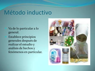 Método inductivoVa de lo particular a lo general. Establece principios generales después de realizar el estudio y  análisis de hechos y fenómenos en particular.
