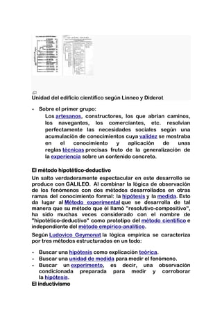 Unidad del edificio científico según Linneo y Diderot

   Sobre el primer grupo:
      Los artesanos, constructores, los que abrían caminos,
      los navegantes, los comerciantes, etc. resolvían
      perfectamente las necesidades sociales según una
      acumulación de conocimientos cuya validez se mostraba
      en    el   conocimiento     y   aplicación  de    unas
      reglas técnicas precisas fruto de la generalización de
      la experiencia sobre un contenido concreto.

El método hipotético-deductivo
Un salto verdaderamente espectacular en este desarrollo se
produce con GALILEO. Al combinar la lógica de observación
de los fenómenos con dos métodos desarrollados en otras
ramas del conocimiento formal: la hipótesis y la medida. Esto
da lugar al Método experimental que se desarrolla de tal
manera que su método que él llamó "resolutivo-compositivo",
ha sido muchas veces considerado con el nombre de
"hipotético-deductivo" como prototipo del método científico e
independiente del método empírico-analítico.
Según Ludovico Geymonat la lógica empírica se caracteriza
por tres métodos estructurados en un todo:

   Buscar una hipótesis como explicación teórica.
 Buscar una unidad de medida para medir el fenómeno.
 Buscar      un experimento, es decir, una observación
    condicionada preparada para medir y corroborar
    la hipótesis.
El inductivismo
 