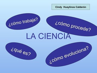 LA CIENCIA
¿qué es?
¿cómo trabaja?
¿cómo procede?
¿cómo evoluciona?
Cindy Huaylinos Calderón
 