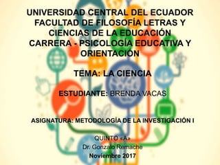 UNIVERSIDAD CENTRAL DEL ECUADOR
FACULTAD DE FILOSOFÍA LETRAS Y
CIENCIAS DE LA EDUCACIÓN
CARRERA - PSICOLOGÍA EDUCATIVA Y
ORIENTACIÓN
TEMA: LA CIENCIA
ESTUDIANTE: BRENDA VACAS
ASIGNATURA: METODOLOGÍA DE LA INVESTIGACIÓN I
QUINTO «A»
Dr. Gonzalo Remache
Noviembre 2017
 