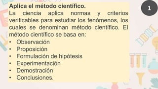 1
Aplica el método científico.
La ciencia aplica normas y criterios
verificables para estudiar los fenómenos, los
cuales se denominan método científico. El
método científico se basa en:
• Observación
• Proposición
• Formulación de hipótesis
• Experimentación
• Demostración
• Conclusiones.
 