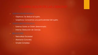 “CLASIFICACION DE LAS CIENCIAS”
 VISION GNOSEOLOGICA:
 Objetivos: Se deduce al sujeto.
 Subjetivos: Conocemos una particularidad del sujeto.
 VISION METODOLOGICA:
 Externa: Existe un Orden determinado.
 Interna: Deducción de Ciencias.
 RELACIONES:
 Naturaleza-Sociedad.
 Abstracto-Concreto.
 Simple-Complejo.
 