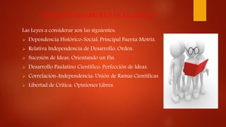 “LEYES DEL DESARROLLO DE LA CIENCIA”
Las Leyes a considerar son las siguientes:
 Dependencia Histórico-Social: Principal Fuerza Motriz.
 Relativa Independencia de Desarrollo: Orden.
 Sucesión de Ideas: Orientando un Fin.
 Desarrollo Paulatino Científico: Perfección de Ideas.
 Correlación-Independencia: Unión de Ramas Científicas.
 Libertad de Critica: Opiniones Libres.
 