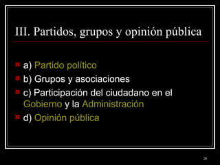 III. Partidos, grupos y opinión pública a)  Partido político   b) Grupos y asociaciones  c) Participación del ciudadano en el  Gobierno  y la  Administración   d)  Opinión pública   