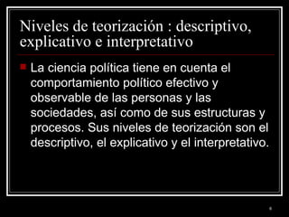 Niveles de teorización : descriptivo, explicativo e interpretativo  La ciencia política tiene en cuenta el comportamiento político efectivo y observable de las personas y las sociedades, así como de sus estructuras y procesos. Sus niveles de teorización son el descriptivo, el explicativo y el interpretativo. 