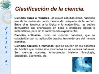 Clasificación de la ciencia.Ciencias puras o formales, las cuales estudian ideas, haciendo uso de la deducción como método de búsqueda de la verdad. Entre ellas tenemos a la lógica y la matemática, las cuales demuestran sus enunciados en base a principios lógicos o matemáticos, pero sin la confirmación experimental.Ciencias aplicadas, como las ciencias naturales, que se caracterizan por su aplicación práctica haciendo uso del método científico.Ciencias sociales o humanas, que se ocupan de los aspectos del hombre que no han sido estudiados en las ciencias naturales. Son ciencias sociales: Antropología, Historia, Psicología, Sociología, Economía, etc. FÍSICA4º