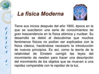 Ramas de la física clásicaFÍSICA4ºLa mecánica, que se encarga del estudio de todo lo relacionado con el movimiento y las causas que lo provocan. Trata con ideas tales como inercia, movimiento, fuerza y energía.La termodinámica, que se ocupa de la relación entre el calor y las restantes formas de energía. El electromagnetismo, que estudia la relación entre los fenómenos eléctricos y magnéticos.La acústica, que estudia los fenómenos relacionados con el sonido, su producción y sus propiedades.