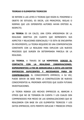 TEORIAS O ELEMENTOS TEORICOS

SE REFIERE A LAS LEYES O TEORIAS QUE RIGEN EL FENOMENO U
OBJETO DE ESTUDIO, ES DECIR, LOS PRINCIPIOS, REGLAS O
NORMAS QUE LOS DIFERENTES AUTORES HAYAN EMITIDO AL
RESPECTO.

LA TEORIA ES UN CALCO, UNA COPIA APROXIMADA DE LA
REALIDAD    OBJETIVA   (EN   CUANTO   QUE    REPRESENTA   SUS
ASPECTOS Y RELACIONES ESENCIALES) Y SI ESTA SE ENCUENTRA
EN MOVIMIENTO, LA TEORIA REQUIERE DE UNA CONFRONTACION
CONSTANTE CON LA REALIDAD PARA EXPLICAR LOS NUEVOS
PROCESOS QUE SURGEN EN DETERMINADA PARCELA DE LA
REALIDAD.

LA TEORIA, A TRAVES DE LA HIPOTESIS, DIRIGE EL
CONTACTO      CON      LA    REALIDAD       (OBSERVACIONES,
EXPERIMENTOS) A FIN DE ARRANCARLE A ESTA LOS DATOS
EMPIRICOS     SUFICIENTES      Y   NECESARIOS     PARA    SU
COMPROBACION; EL CONOCIMIENTO EMPIRICO, A SU VEZ,
PUEDE SERVIR DE BASE PARA LA CONSTRUCCION DE NUEVOS
CONOCIMIENTOS AL PROPONER HIPOTESIS QUE GUIEN FUTURAS
INVESTIGACIONES.

LA TEORIA REBASA LOS HECHOS EMPIRICOS AL ABARCAR A
OTROS QUE NO SE TOMARON EN CUENTA Y LOS CUALES SON
COMPRENDIDOS POR MEDIO DE LAS GENERALIZACIONES QUE SE
REALIZARON CON BASE EN LOS ELEMENTOS TEORICOS Y LOS
DATOS EMPIRICOS; ESTO PERMITE EXPLICAR Y PREDECIR OTROS
 