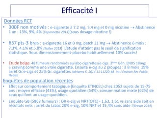 Efficacité I
Données RCT
• 300F non motivés : e-cigarette à 7.2 mg, 5.4 mg et 0 mg nicotine  Abstinence
1 an : 13%, 9%, 4% (Caponnetto 2013)(sous dosage nicotine !)
• 657 pts-3 bras : e-cigarette 16 et 0 mg, patch 21 mg  Abstinence 6 mois :
7.3%, 4.1% et 5.8% (Bullen 2013) L’étude n’atteint pas le seuil de signification
statistique. Sous dimensionnement-placebo habituellement 10% succès!
• Etude belge: 48 fumeurs randomisés au labo cigarettes/e-cigs. 2ème Gén. ENDS 18mg:
 craving comme une vraie cigarette. Ensuite e-cig au 2 groupes : à 8 mois 19%
arrêt Gr.e-cigs et 25% Gr. cigarettes Adriaens K. 2014 11 11220-48 Int J Environ Res Public
Health
Enquêtes de population récentes
• Effet sur comportement tabagique (Enquête ETINCEL) chez 2052 sujets de 15-75
ans : moyen efficace (43%), usage quotidien (54%), consommation mixte (62%) de
ceux qui font un usage quotidien.
• Enquête GB (5863 fumeurs) : OR e-cig vs NRT(OTC)= 1,63, 1,61 vs sans aide soit en
résultats nets ; arrêt du tabac 20% e-cig, 10% NRT et 15,4% sans aide !(Brown 2014)
 