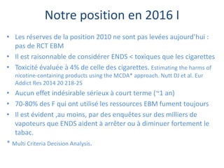 Notre position en 2016 I
• Les réserves de la position 2010 ne sont pas levées aujourd’hui :
pas de RCT EBM
• Il est raisonnable de considérer ENDS < toxiques que les cigarettes
• Toxicité évaluée à 4% de celle des cigarettes. Estimating the harms of
nicotine-containing products using the MCDA* approach. Nutt DJ et al. Eur
Addict Res 2014 20 218-25
• Aucun effet indésirable sérieux à court terme (~1 an)
• 70-80% des F qui ont utilisé les ressources EBM fument toujours
• Il est évident ,au moins, par des enquêtes sur des milliers de
vapoteurs que ENDS aident à arrêter ou à diminuer fortement le
tabac.
* Multi Criteria Decision Analysis.
 