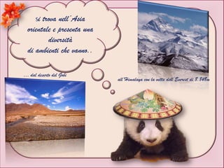 Si trova nell’Asia
orientale e presenta una
diversità
di ambienti che vanno..
… dal deserto del Gobi
all’Himalaya con la vetta dell’Everest di 8.848m
 