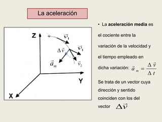 La aceleración
• La aceleración media es
el cociente entre la
variación de la velocidad y
el tiempo empleado en
dicha variación:
Se trata de un vector cuya
dirección y sentido
coinciden con los del
vector
m
v
a
t



v
1v
2vma
v 1v
 
