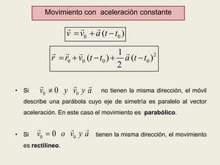 Movimiento con aceleración constante
0 0
2
0 0 0 0
( )
1
( ) ( )
2
v v a t t
r r v t t a t t
  
    
• Si no tienen la misma dirección, el móvil
describe una parábola cuyo eje de simetría es paralelo al vector
aceleración. En este caso el movimiento es parabólico.
• Si tienen la misma dirección, el movimiento
es rectilíneo.
0 00v y v y a
0 00v o v y a
 
