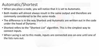 Automatic/Shortest
? When you place a node, you will notice that it is set to Automatic.
? Both modes will almost always result in the same output and therefore are
commonly considered to be the same mode.
? The difference is in the way Shortest and Automatic are written out in the code
under the hood of Dynamo.
? Shortest refers to the Shortest List algorithm. This is the simplest way to
connect inputs.
? When Lacing is set to this mode, inputs are connected one-on-one until one of
the lists runs out.
 
