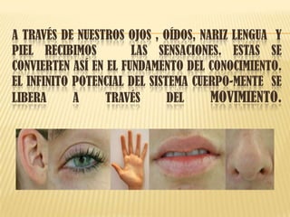 A TRAVÉS DE NUESTROS OJOS , OÍDOS, NARIZ LENGUA Y
PIEL RECIBIMOS LAS SENSACIONES. ESTAS SE
CONVIERTEN ASÍ EN EL FUNDAMENTO DEL CONOCIMIENTO.
EL INFINITO POTENCIAL DEL SISTEMA CUERPO-MENTE SE
LIBERA A TRAVÉS DEL MOVIMIENTO.
 
