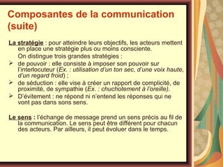 Composantes de la communication
(suite)
La stratégie : pour atteindre leurs objectifs, les acteurs mettent
en place une stratégie plus ou moins consciente.
On distingue trois grandes stratégies :
 de pouvoir : elle consiste à imposer son pouvoir sur
l’interlocuteur (Ex. : utilisation d’un ton sec, d’une voix haute, 
d’un regard froid) ;
 de séduction : elle vise à créer un rapport de complicité, de
proximité, de sympathie (Ex. : chuchotement à l’oreille).
 D’évitement : ne répond ni n’entend les réponses qui ne
vont pas dans sons sens.
Le sens : l’échange de message prend un sens précis au fil de
la communication. Le sens peut être différent pour chacun
des acteurs. Par ailleurs, il peut évoluer dans le temps.

 
