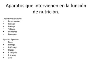 Aparatos que intervienen en la función
de nutrición.
Aparato respiratorio:
• Fosas nasales
• Faringe
• Laringe
• Tráquea
• Pulmones
• Bronquios
Aparato digestivo:
• Boca
• Esófago
• Estómago
• Hígado
• I. delgado
• I. grueso
• Ano
 
