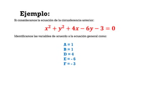 Ejemplo:
𝒙 𝟐
+ 𝒚 𝟐
+ 𝟒𝒙 − 𝟔𝒚 − 𝟑 = 𝟎
Si consideramos la ecuación de la circunferencia anterior:
Identificamos las variables de acuerdo a la ecuación general como:
A = 1
B = 1
D = 4
E = - 6
F = - 3
 