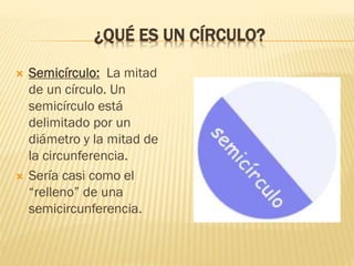 ¿QUÉ ES UN CÍRCULO?
 Semicírculo: La mitad
de un círculo. Un
semicírculo está
delimitado por un
diámetro y la mitad de
la...