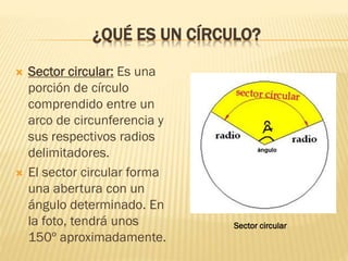¿QUÉ ES UN CÍRCULO?
 Sector circular: Es una
porción de círculo
comprendido entre un
arco de circunferencia y
sus respect...