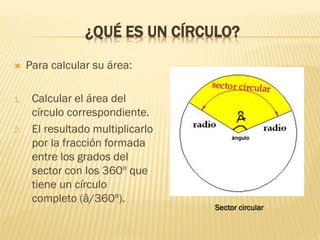 ¿QUÉ ES UN CÍRCULO?
 Para calcular su área:
1. Calcular el área del
círculo correspondiente.
2. El resultado multiplicarl...