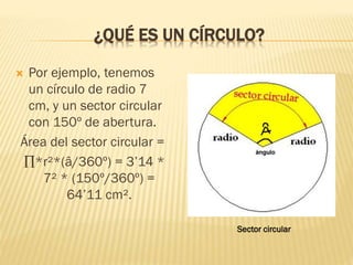 ¿QUÉ ES UN CÍRCULO?
 Por ejemplo, tenemos
un círculo de radio 7
cm, y un sector circular
con 150º de abertura.
Área del s...