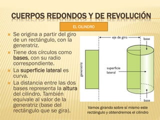 CUERPOS REDONDOS Y DE REVOLUCIÓN
 Se origina a partir del giro
de un rectángulo, con la
generatriz.
 Tiene dos círculos ...