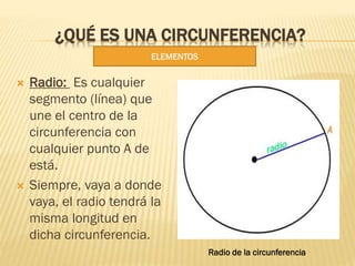 ¿QUÉ ES UNA CIRCUNFERENCIA?
 Radio: Es cualquier
segmento (línea) que
une el centro de la
circunferencia con
cualquier pu...